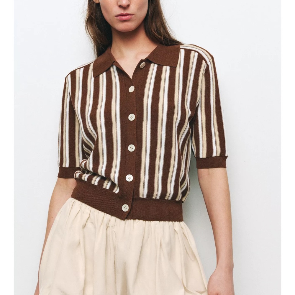 Zara Striped Polo Cardigan Brown/ Tan / White NWT - Picture 1 of 7